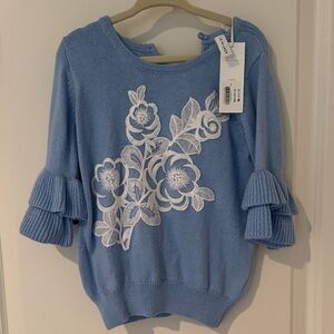 Janie and Jack Blue Sweater with White Floral Embroidery